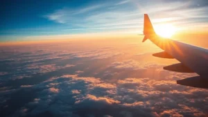 Aerial view of transatlantic flight over the Atlantic Ocean, sunrise or sunset lighting, commercial aircraft wing visible in frame, clouds below, no text or watermarks