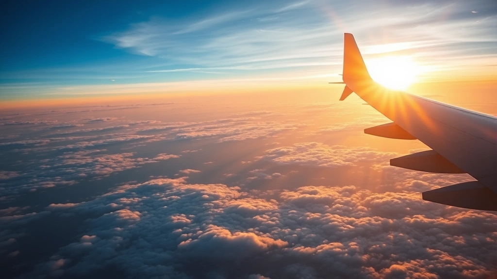 Aerial view of transatlantic flight over the Atlantic Ocean, sunrise or sunset lighting, commercial aircraft wing visible in frame, clouds below, no text or watermarks