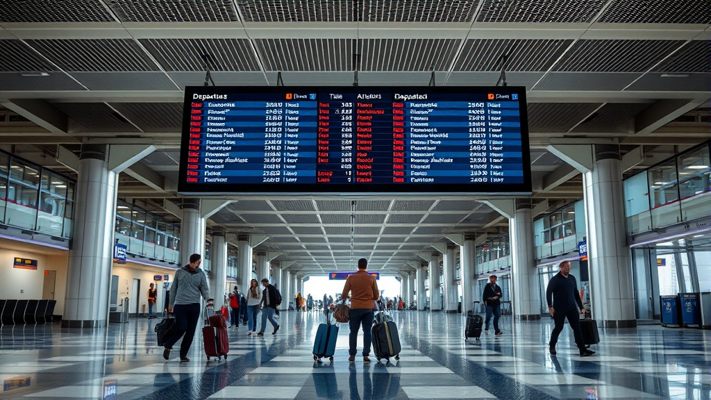 Modern airport terminal interior showing departure board and travelers with luggage, bright natural lighting, architectural details, professional photography, no visible signage with text