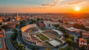 Aerial view of Rome's Colosseum and Roman Forum at golden hour, ancient ruins bathed in warm sunset light, cityscape extending toward the Tiber River, photorealistic travel photography