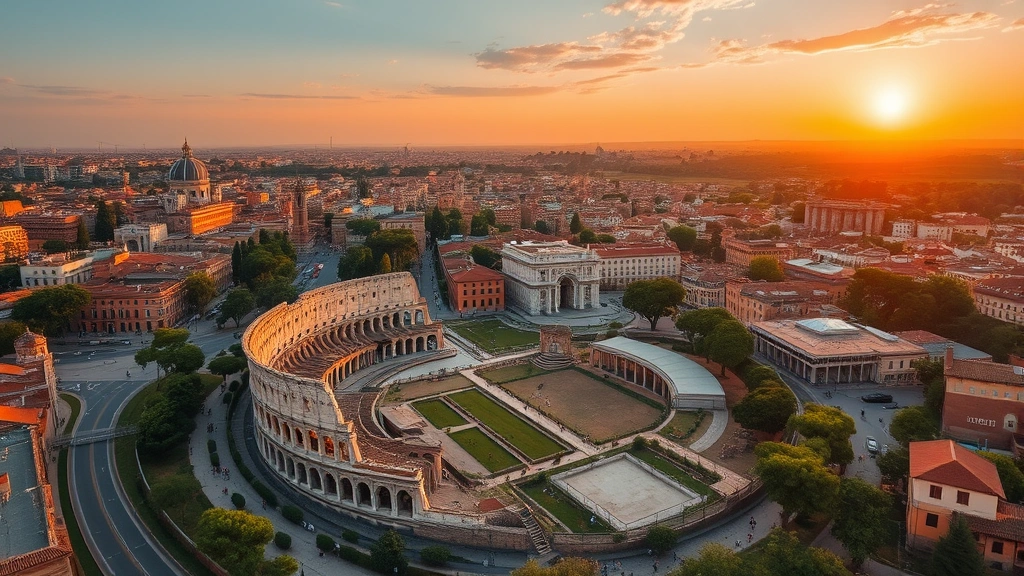 Aerial view of Rome's Colosseum and Roman Forum at golden hour, ancient ruins bathed in warm sunset light, cityscape extending toward the Tiber River, photorealistic travel photography
