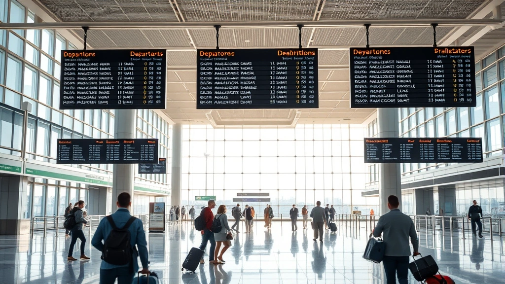 Modern airport terminal interior with departure boards, travelers with luggage, natural light from large windows, contemporary architecture, bustling international travel hub atmosphere, photorealistic