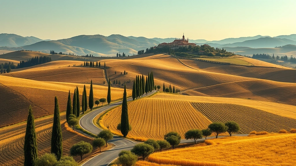 Italian countryside landscape with rolling Tuscan hills, cypress trees lining winding roads, vineyards and golden wheat fields, medieval hilltop village in distance, warm Mediterranean light, photorealistic travel scene