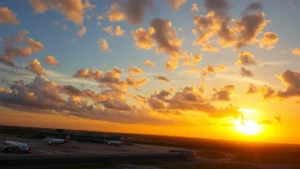 Aerial view of Orlando International Airport terminal with planes parked at gates during sunset, vibrant Florida sky with scattered clouds, modern airport architecture visible below