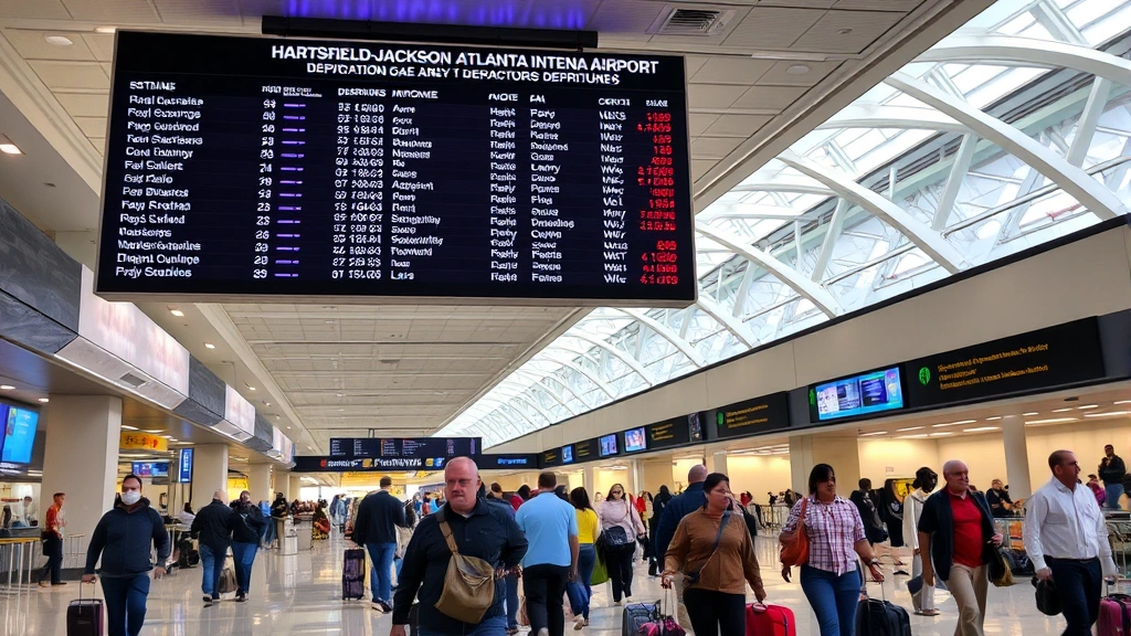 Hartsfield-Jackson Atlanta International Airport departures board with flight information illuminated, travelers with luggage moving through modern airport terminal, busy travel atmosphere