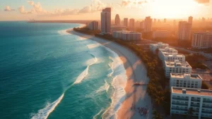 Aerial view of sunny Miami skyline with turquoise ocean, Art Deco buildings, and palm trees lining the beachfront during golden hour