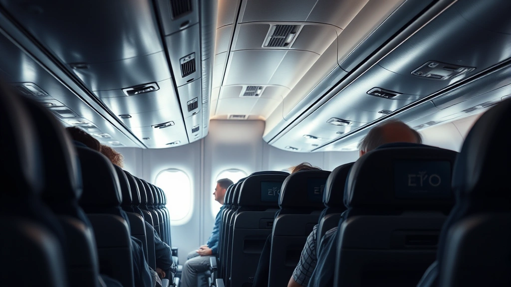Commercial airplane cabin interior with seated passengers, overhead bins, and natural window light streaming in, photorealistic