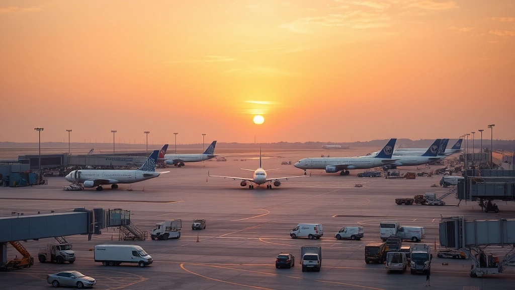 Airport tarmac at sunset with multiple aircraft, ground service vehicles, and aviation infrastructure visible, golden hour lighting