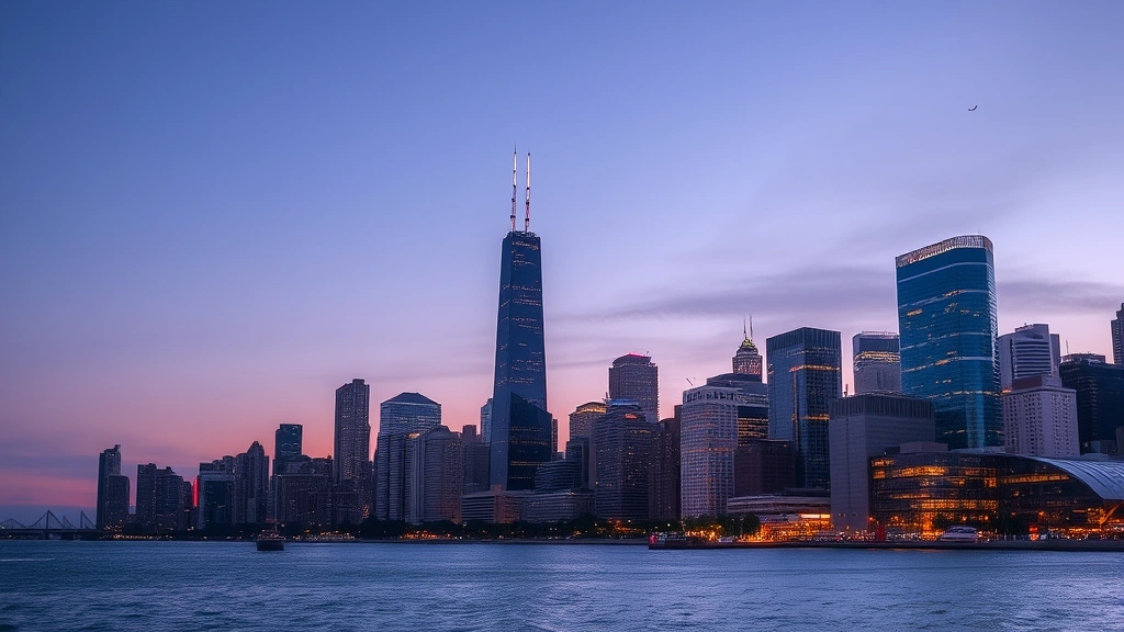 Chicago skyline at dusk with Lake Michigan waterfront, Willis Tower and modern skyscrapers illuminated against twilight sky, scenic urban landscape photography, no text overlays