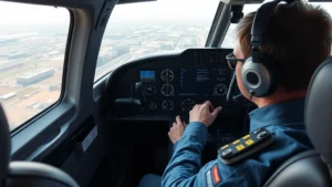 Pilot in modern glass cockpit studying primary flight display during flight with focus on instrument panel and hands on control