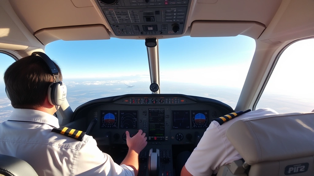 Commercial aircraft flight deck during approach with pilot referencing primary flight display while making final adjustments to altitude and heading