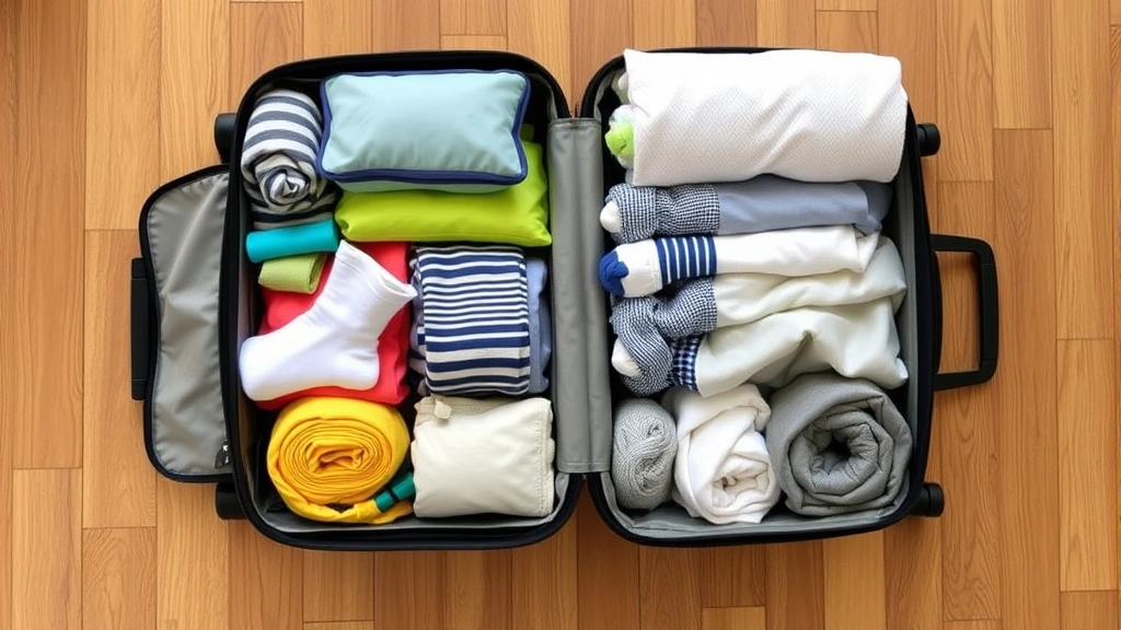 Overhead view of organized travel packing with color-coded packing cubes, compression socks, and neatly rolled clothing items arranged in an open suitcase on a wooden floor