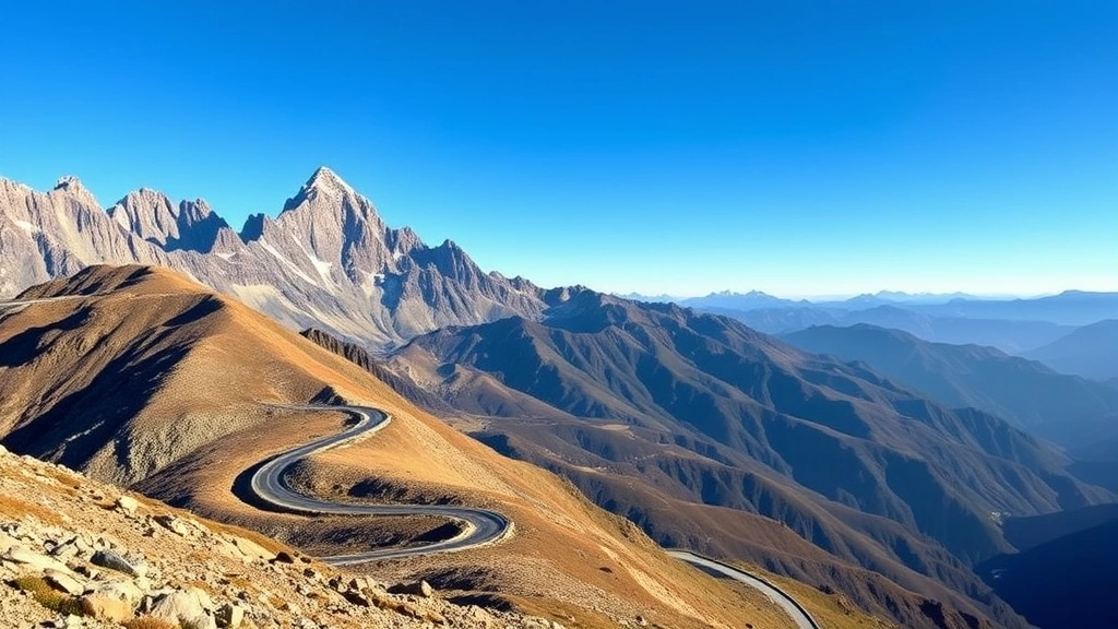 Scenic mountain landscape at high altitude showing winding mountain road with dramatic peaks and valleys, clear blue sky, exemplifying destination elevation challenges