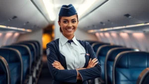 Professional United Airlines flight attendant in uniform standing in modern aircraft cabin with warm lighting, smiling confidently with arms crossed, showing cabin interior with blue seats in background