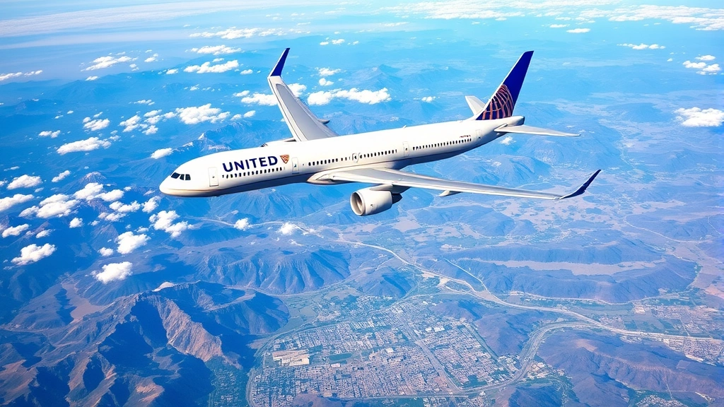 Aerial view of United Airlines aircraft in flight over diverse landscapes including mountains and cities below, showing the global travel opportunities and career scope of flight attendants