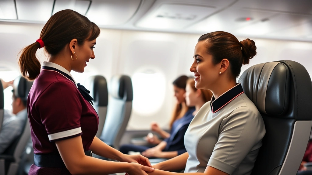 Flight attendant assisting passengers in spacious first class cabin with premium seating, demonstrating the professional service environment and career advancement opportunities in premium cabin crew positions