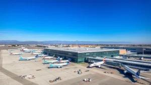 Aerial view of Salt Lake City airport with multiple aircraft parked at gates, modern terminal building with blue sky, professional travel photography