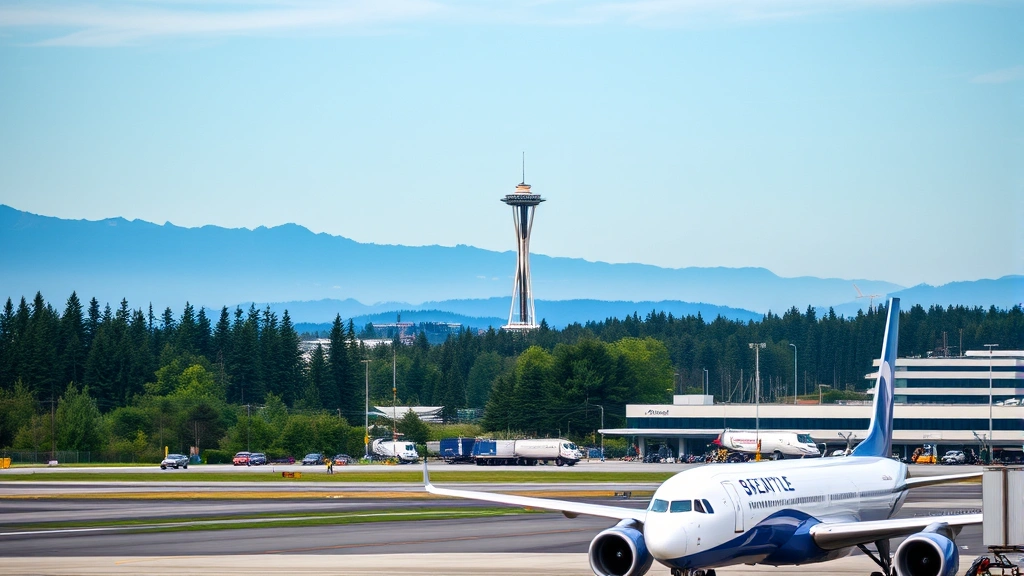 Seattle-Tacoma International Airport with Space Needle visible in distance, Boeing aircraft on tarmac, Pacific Northwest scenery with evergreen trees and mountains in background