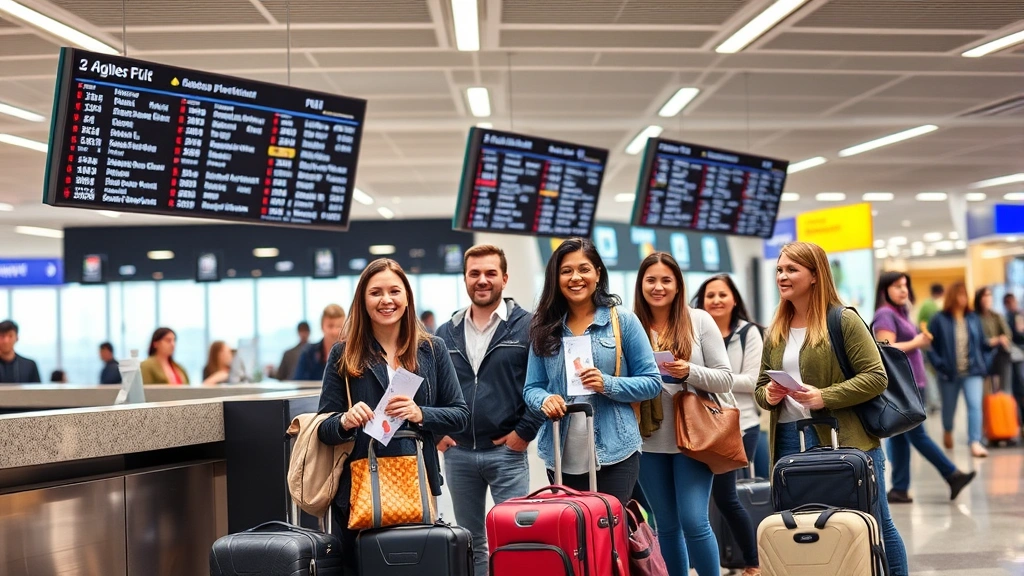 Travelers checking in at airport counter with luggage, happy diverse passengers with boarding passes, modern airport interior with digital flight information displays