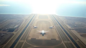 Aerial view of San Diego International Airport with two parallel runways, ocean visible in background, morning sunlight, aircraft on taxiway