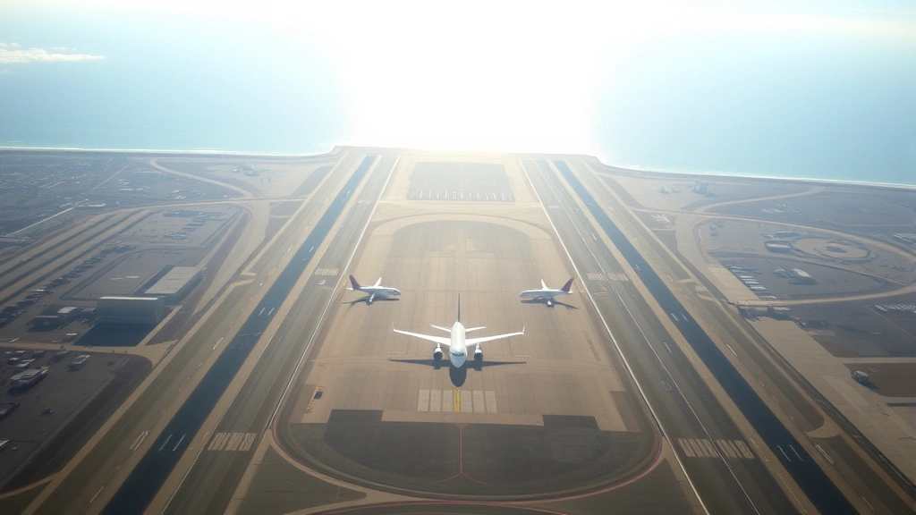 Aerial view of San Diego International Airport with two parallel runways, ocean visible in background, morning sunlight, aircraft on taxiway