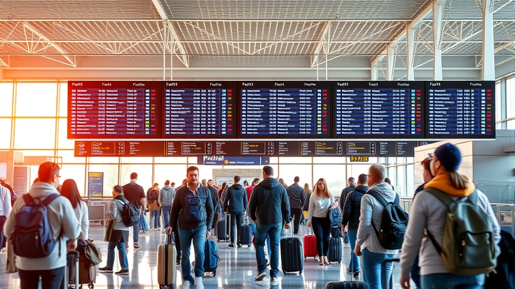 Busy airport terminal interior with travelers checking flight information boards, natural light from windows, diverse passengers with luggage