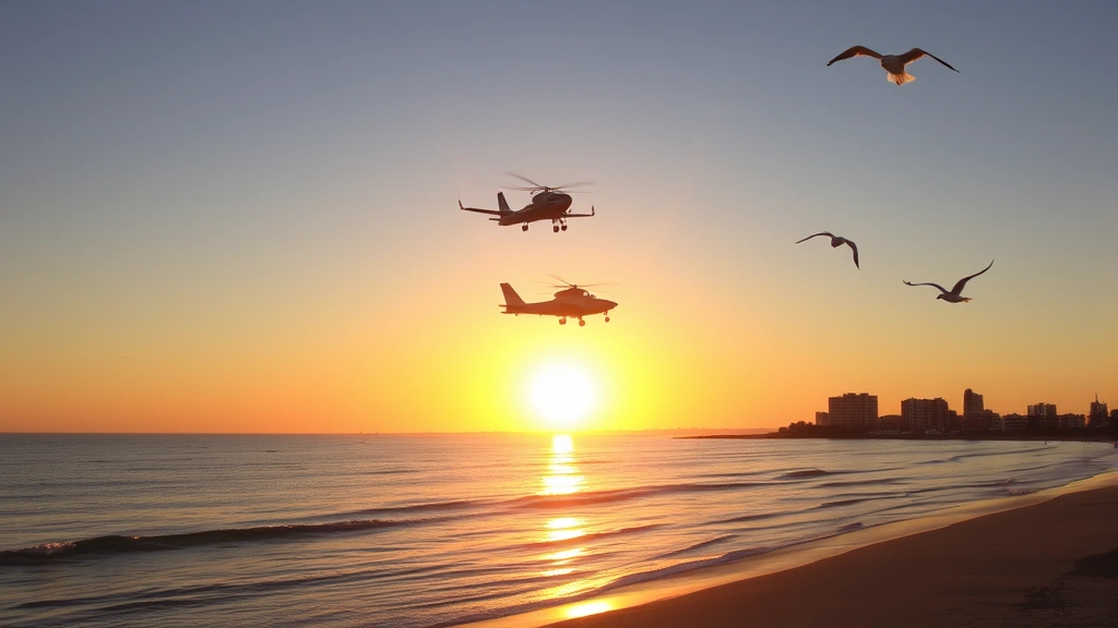 San Diego waterfront sunrise with aircraft taking off over Pacific Ocean, golden hour lighting, seagulls in flight, beach visible below