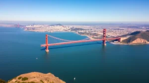 Aerial view of San Francisco Bay with Golden Gate Bridge visible, cityscape in background, clear blue sky, daytime shot showing water and coastal landscape