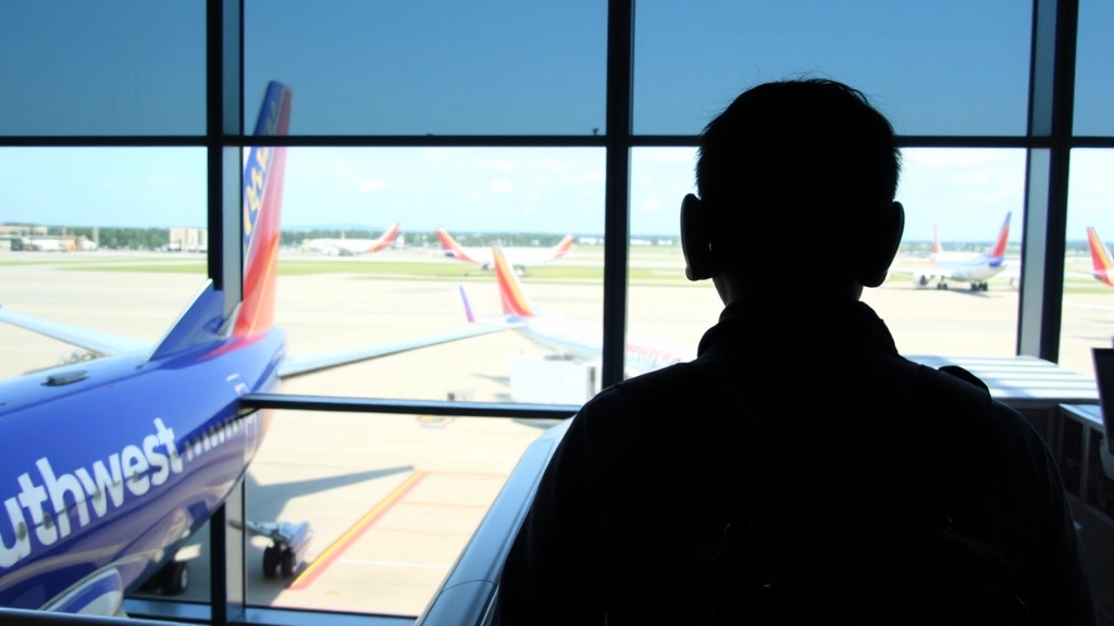 Passenger boarding Southwest Airlines aircraft at gate, showing modern airport terminal interior with boarding bridge and window views of tarmac