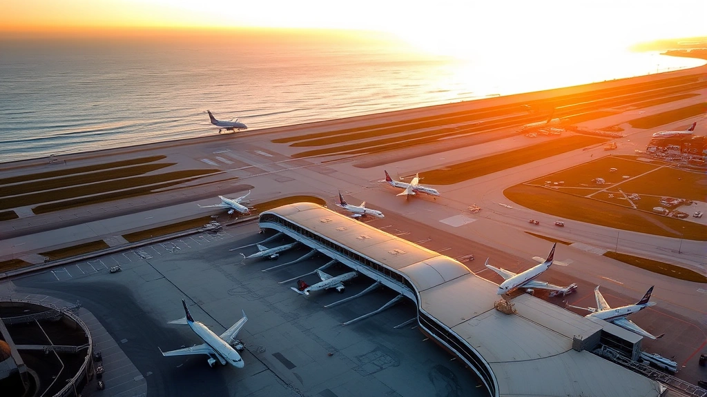 Aerial view of San Diego International Airport terminal building with planes on tarmac, California coastline visible in background, golden hour lighting