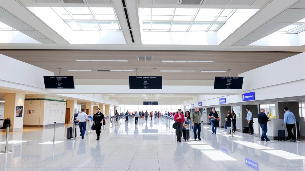 San Jose Mineta International Airport interior departure hall with travelers checking in, modern architecture with natural light from skylights