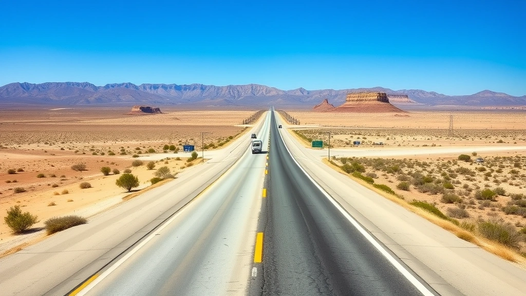 Highway 5 stretching north from San Diego toward Los Angeles, California desert landscape, clear blue sky, minimal traffic