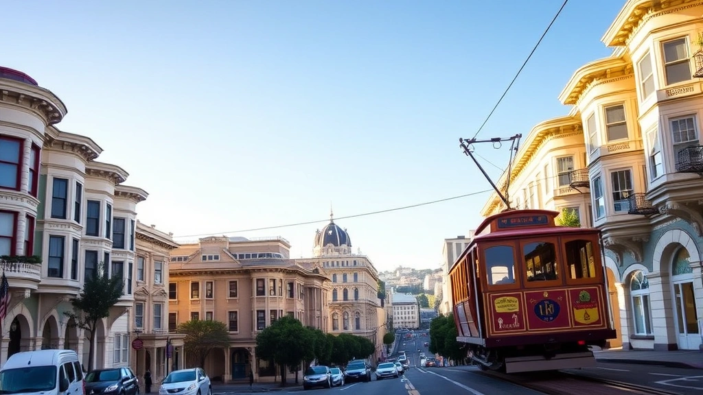 San Francisco cable car climbing steep hill with Victorian buildings lining street, clear blue sky, vibrant urban neighborhood, morning light