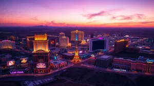 Aerial panoramic view of Las Vegas Strip at twilight with neon casino lights illuminating the desert, showing iconic hotels and resort buildings glowing against purple and pink sky