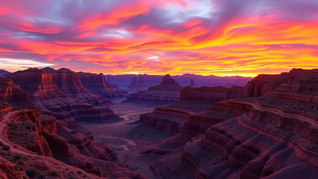 Vibrant desert sunset over Red Rock Canyon near Las Vegas with brilliant orange and purple sky reflecting off dramatic canyon walls and desert landscape