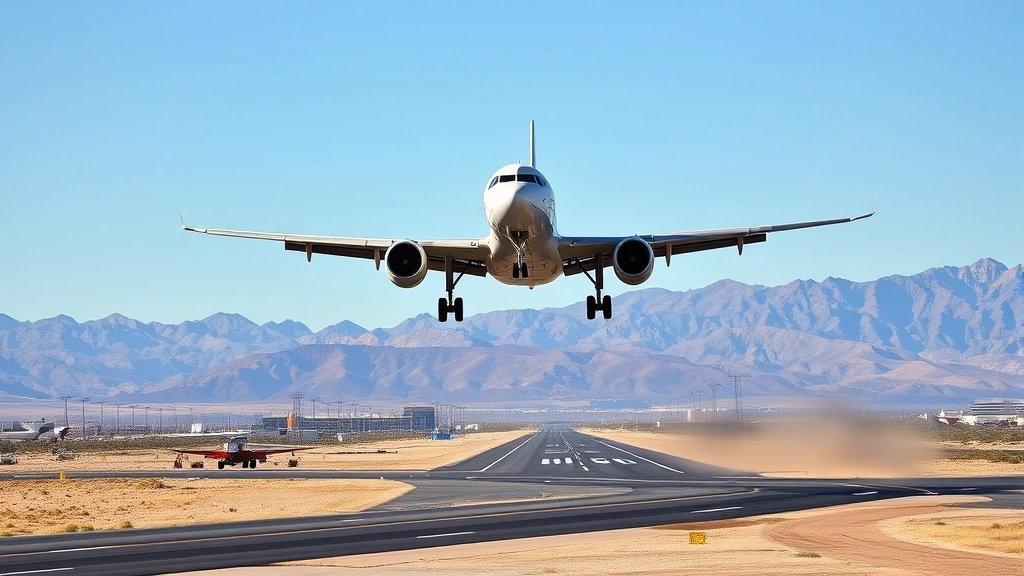 Commercial airplane landing at McCarran International Airport in Las Vegas with desert landscape visible below, approaching runway with mountains in background