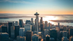 Aerial view of Seattle skyline with Space Needle prominent, Puget Sound in background, modern cityscape, golden hour lighting, photorealistic