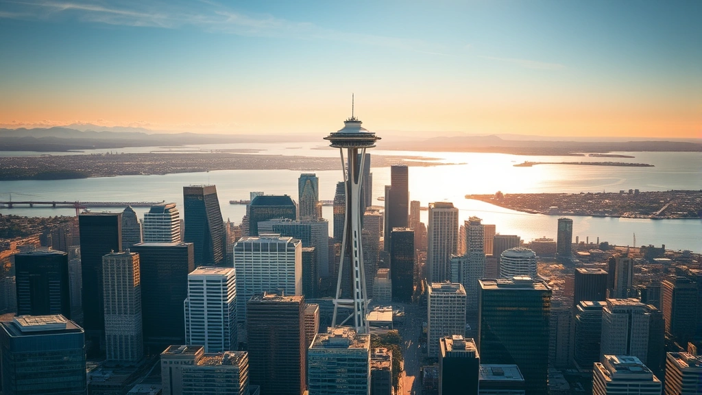 Aerial view of Seattle skyline with Space Needle prominent, Puget Sound in background, modern cityscape, golden hour lighting, photorealistic