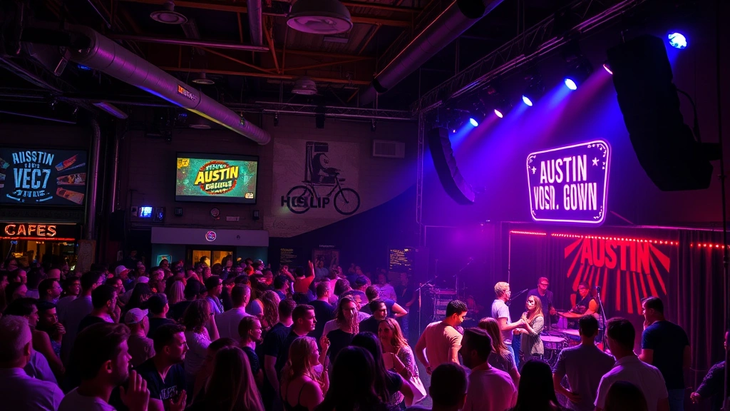 Austin live music venue with neon stage lights, energetic crowd dancing, vibrant nightlife atmosphere, concert performance, photorealistic