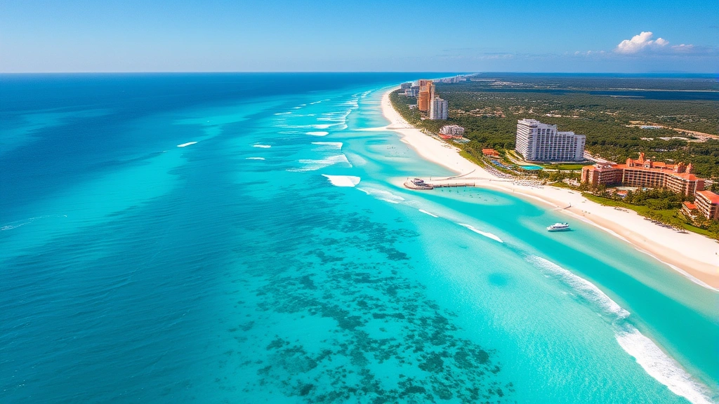 Aerial view of turquoise Caribbean waters with white sandy beach and resort buildings, Cancun coastline from above, tropical paradise landscape, bright sunny day, clear blue sky