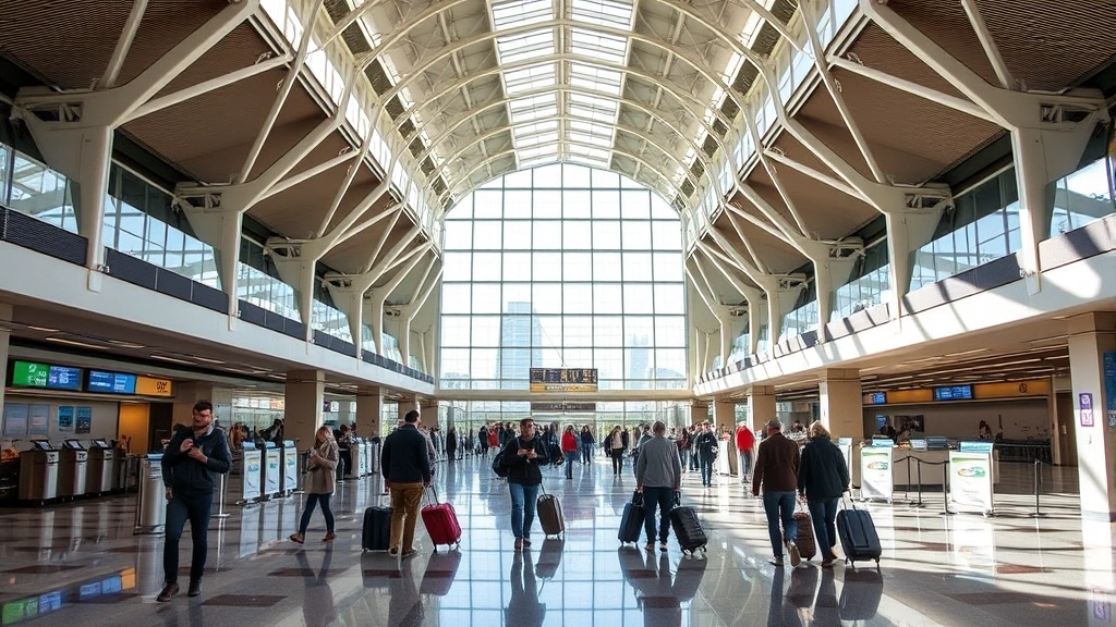 Seattle-Tacoma International Airport departure hall with modern architecture, travelers with luggage moving through terminal, check-in counters, natural lighting, busy travel hub atmosphere