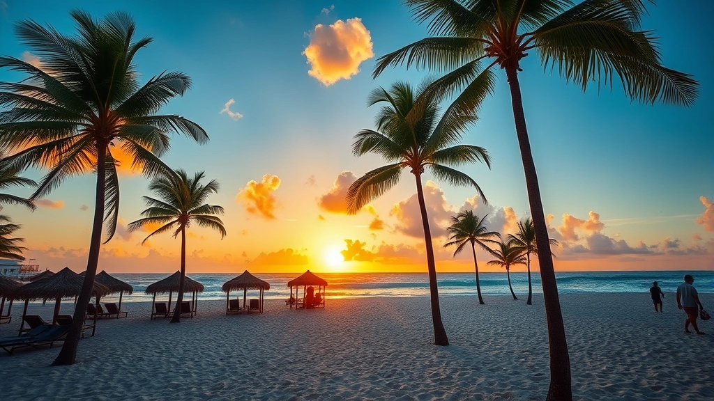 Cancun resort beachfront sunset scene with palm trees, beach cabanas, ocean waves, golden hour lighting, vacation paradise ambiance, no people visible, peaceful tropical setting