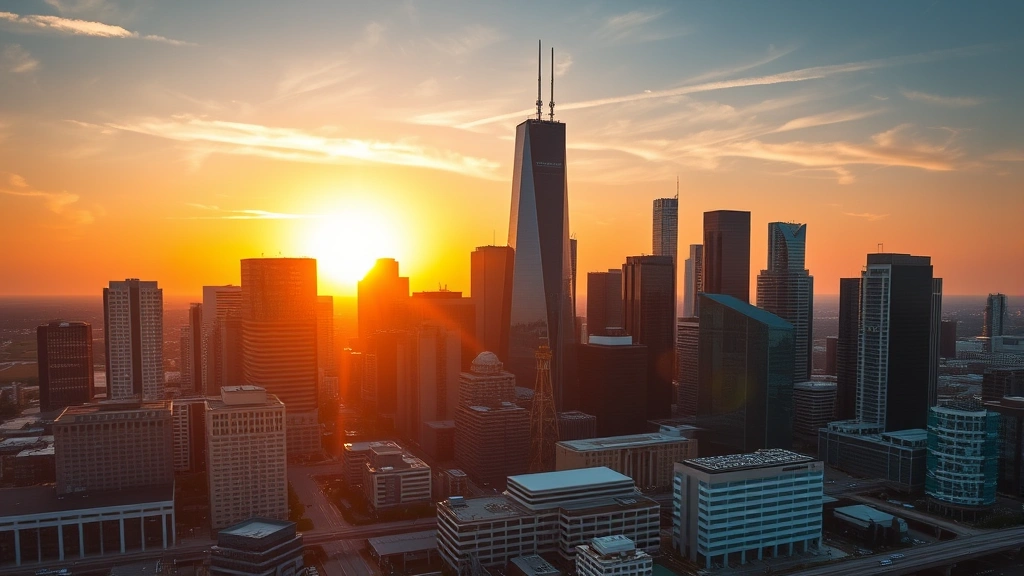 Vibrant Houston skyline at sunset with modern skyscrapers reflecting golden light, Texas energy industry architecture, drone photography perspective