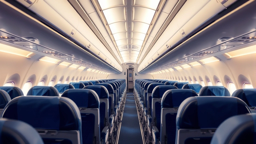 Empty airline cabin interior with rows of blue seats in modern aircraft, clean cabin lighting, professional travel photography