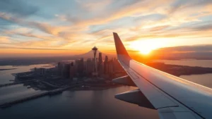 Dramatic aerial view of Seattle skyline at sunrise with Mount Rainier in background, commercial aircraft wing visible in foreground, Pacific Ocean stretching toward horizon