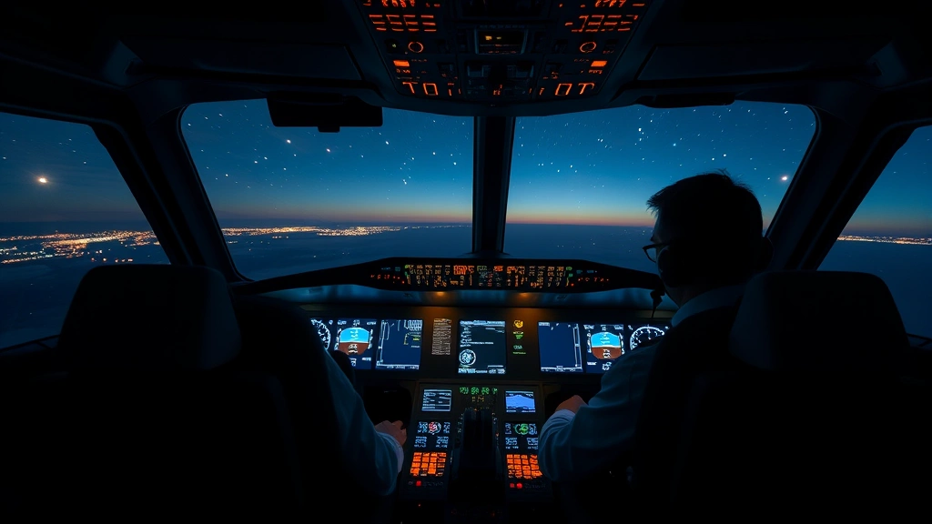 Modern Boeing 787 cockpit interior showing pilot at controls with night sky and stars visible through windscreen, instrument panels illuminated, serene flight deck atmosphere