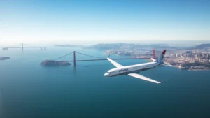 Aerial view of San Francisco Bay with Golden Gate Bridge visible, clear sunny day, commercial airplane flying over water heading south toward Los Angeles