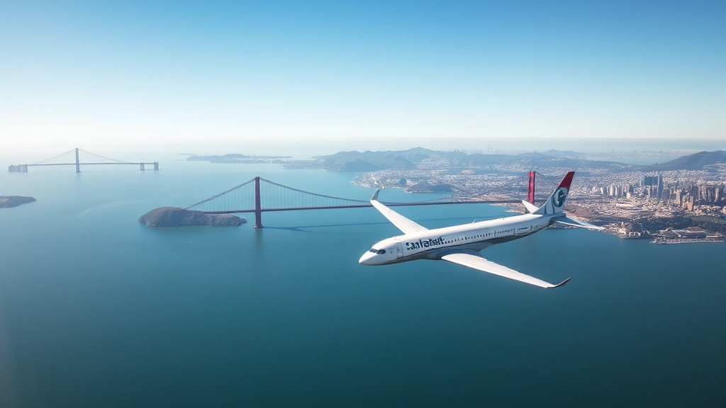 Aerial view of San Francisco Bay with Golden Gate Bridge visible, clear sunny day, commercial airplane flying over water heading south toward Los Angeles