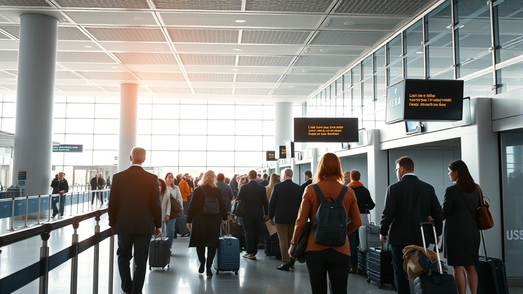 Modern airport terminal interior at LAX or SFO showing TSA security checkpoint with passengers in line, professional business travelers with luggage, bright natural lighting