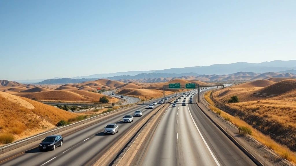 Highway 5 stretching through California landscape with multiple lanes of traffic, golden hills, blue sky, representing driving alternative to SF LA flight